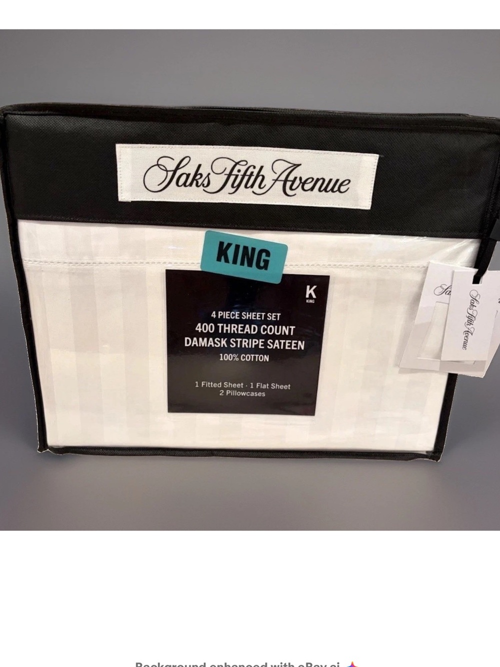 Saks 5th Avenue KING 100% Cotton Sheet Set Hemstitch Damask Stripe 4 Piece New